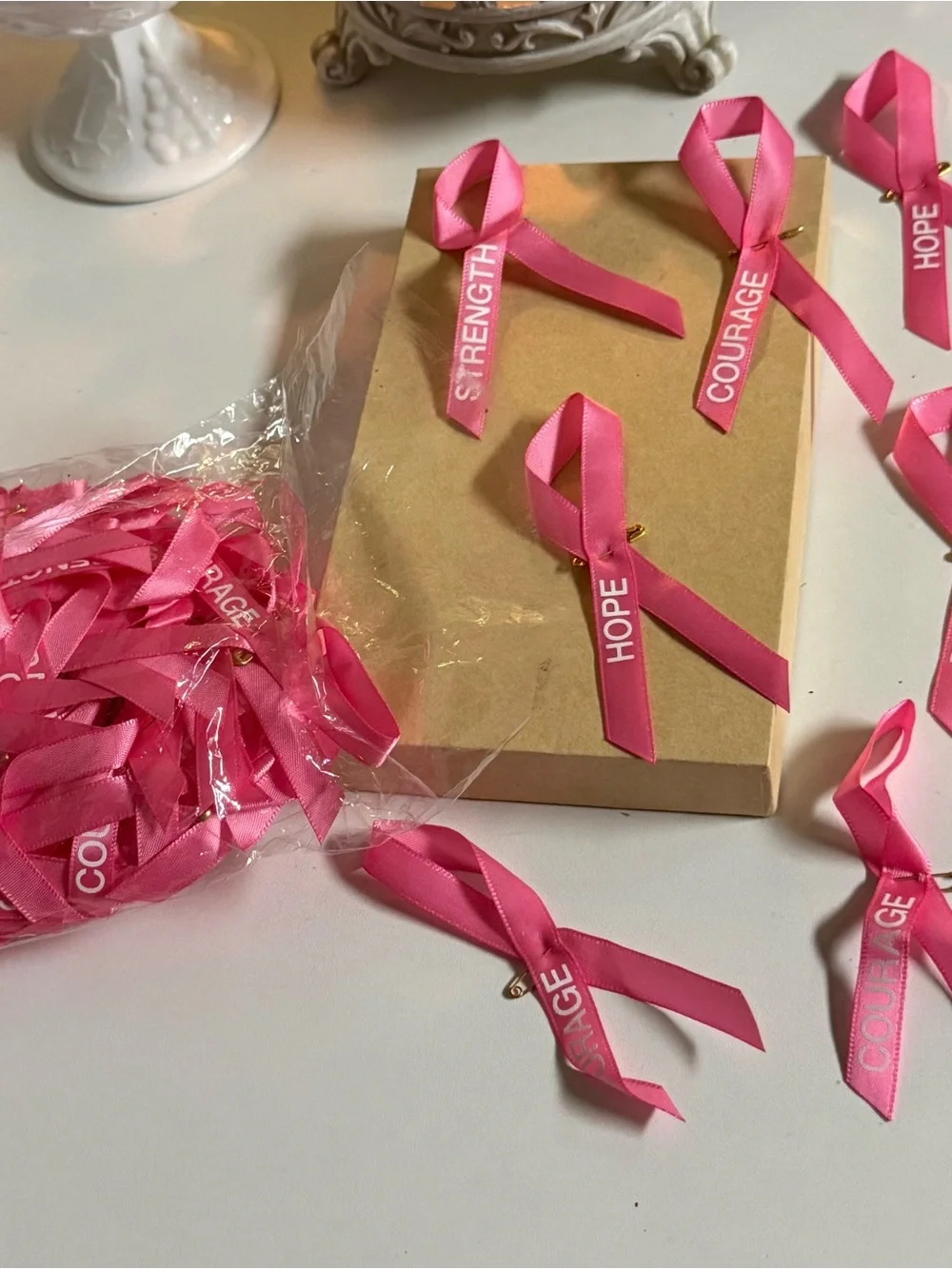 50 pcs Pink Awareness Ribbon Pins - HOPE & COURAGE